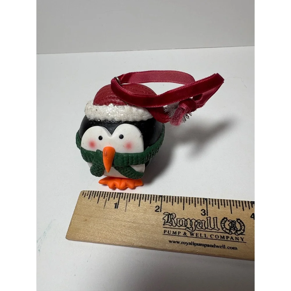 Penguin Jingle Bell Christmas Ornament Santa Hat Green Scarf Red Velvet Ribbon